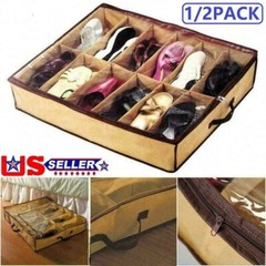 2Pcs 12 Pairs Under Bed Shoe Storage Organizer Holder Closet Box Bag with Zipper