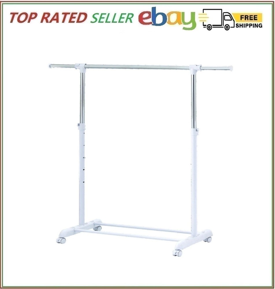 Clothing Rail Adjustable Height Wheels Rolling Garment Rack Metal Chrome, White