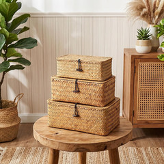 Set of 3 Natural Seagrass Wicker Baskets with Lids for Stylish Storage