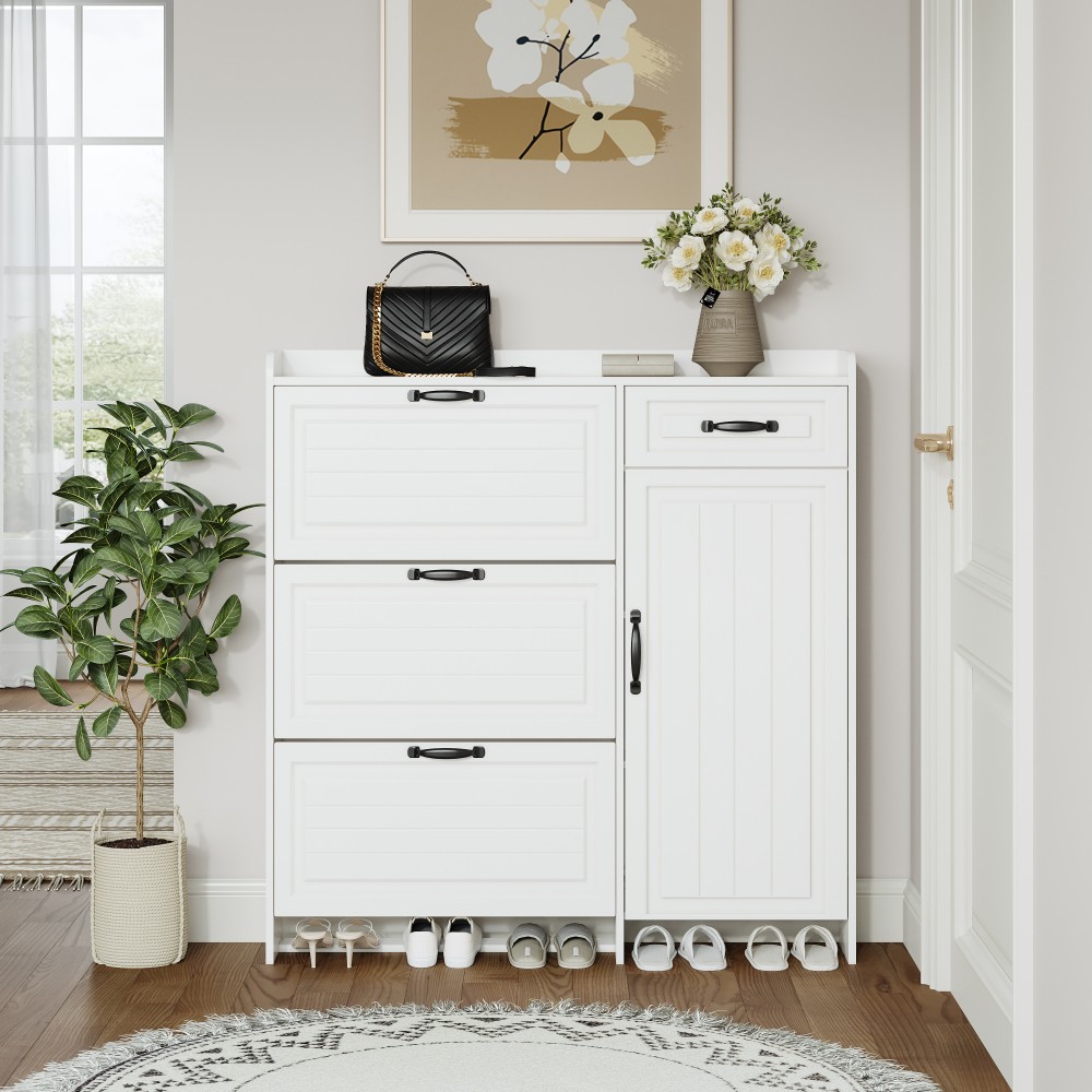 White Shoe Cabinet 4 Doors 1 Drawer Particle Board MDF Storage Cabinet