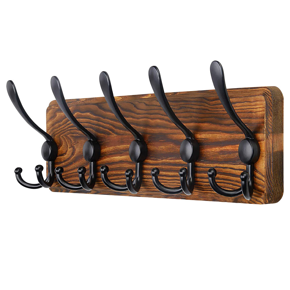 Brown Pine Wood Wall Mounted Coat Rack 5Hooks for Coats Jackets Clothes Hats Key