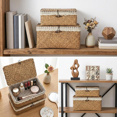 Handwoven Seagrass Storage Baskets with Lids – 2 Pack, Natural Brown