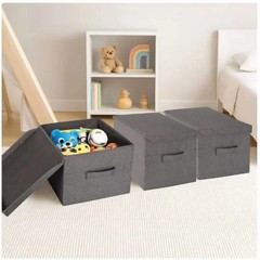 Allspace Collapsible Stackable Fabric Storage Organizer Lids 3Pk Handles Gray