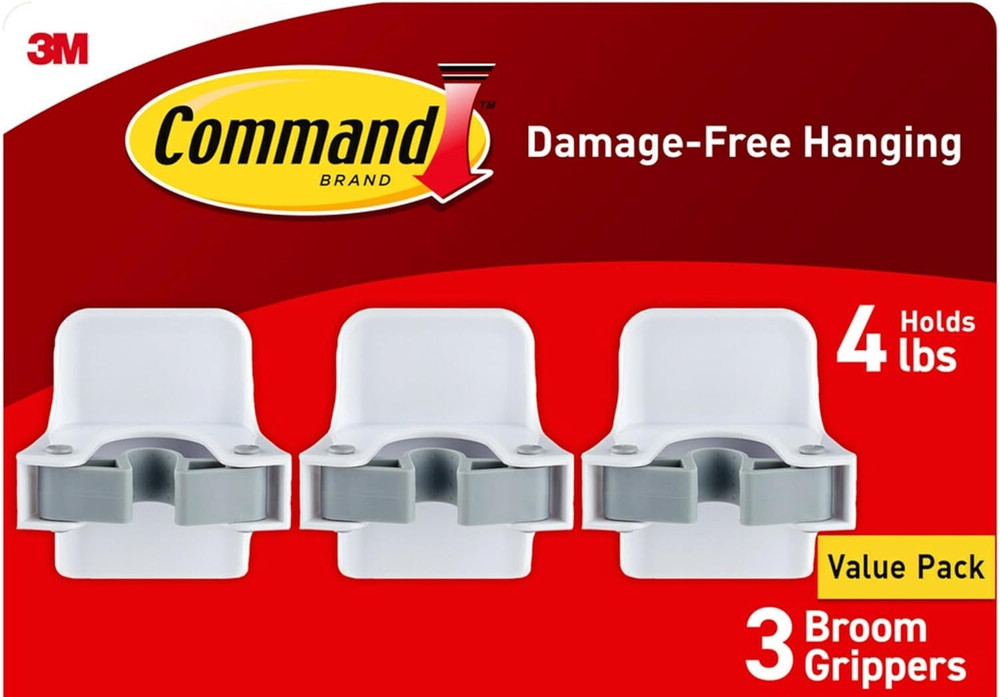 Command Broom & Mop Grippers, Damage-Free Wall Mount Organizer, 3-Pack, No-Tools