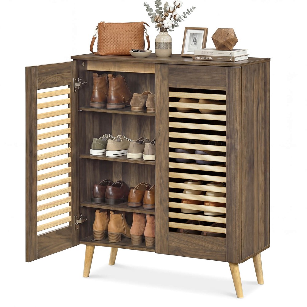 Shoe Cabinet w/2 Louvered Doors&3 Removable Shelves,5-Tier Narrow Cabinet Walnut