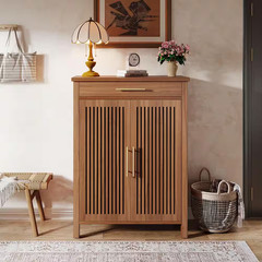 43 In. H X 32 In. W Brown Wood Shoe Storage Cabinet with Adjustable Shelves and