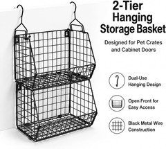 2-Tier Metal Dog Storage Organizer – Wall-Mounted Pet Toy Basket (Black)