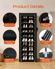CASAMAYA Shoe Rack with Covers, 10 Tiers Tall 17.7″W – 10 Tier, Black