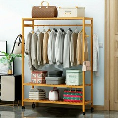 Freestanding Bamboo Clothes Rail Shelf Rolling Garment Closet Organizer Stand