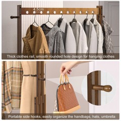 XL Movable Solid Wood Clothes Rack Clothing Rack with Shelf & Hook Garment Stand