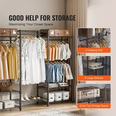 Clothes Rack Rolling Clothing Garment Rack 4 Hang Rods & 8 Storage Tiers