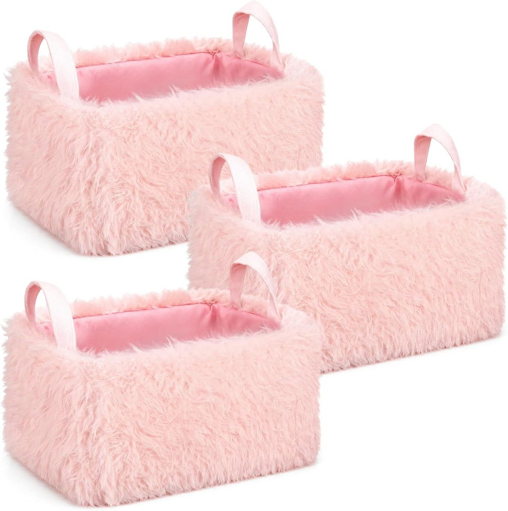 Pink Plush Storage Baskets – 3 Pack for Toys, Blankets & Room Decor, 14×10 Inch