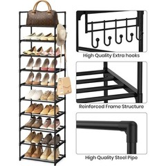 Tall Shoe Rack 10 Tiers Standing Shoes Boots Cabinet Storage Shelf with Hooks US