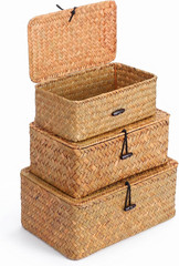 Set of 3 Natural Seagrass Wicker Baskets with Lids for Stylish Storage