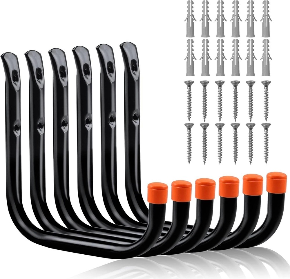 6 Pack 8 Inch Heavy Duty Garage Hooks, Wall Mount Storage Hangers for Ladder, Bi