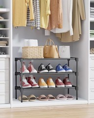 Kitsure 3 Tier Non-Woven Shoe Rack 27.5″ Wide Black Stackable Shoe Organizer