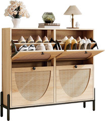 Rattan Shoe Cabinet Storage with 4 Flip Drawers, Freestanding Shoe Storage Organ