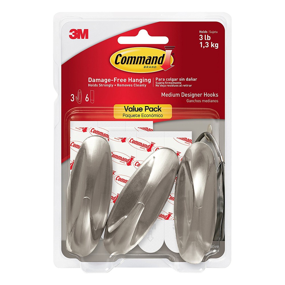 3M Command: Medium Brushed Nickel Designer Hook – Value Pack (Brushed Nickel)