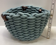 Braided Rope Storage Basket Aqua Blue w/ Faux Leather Handles Boho