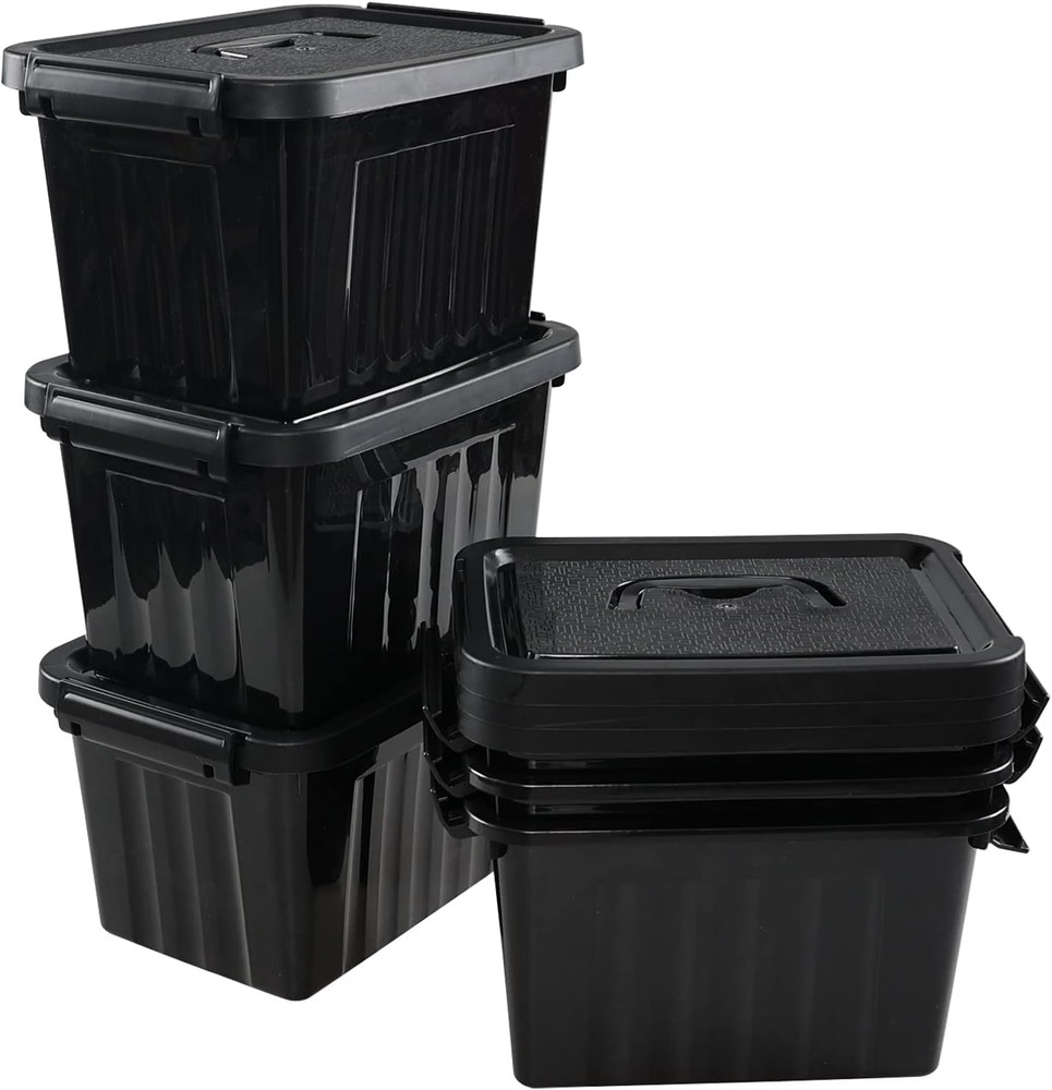 Versatile 6-Quart Black Storage Bins with Handles – Set of 6 Latch Boxes