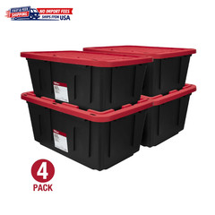 4 Pack Hyper Tough 27 Gallon Storage Bin w/Snap Lid Heavy Duty Black Red