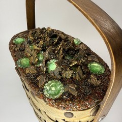 Vintage Jolles Original Woven Basket Gem Flowers Wood Handle