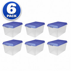 Hefty 72 Qt. Clear Plastic Storage Bin with Blue HI-RISE Lid, 6 Pack