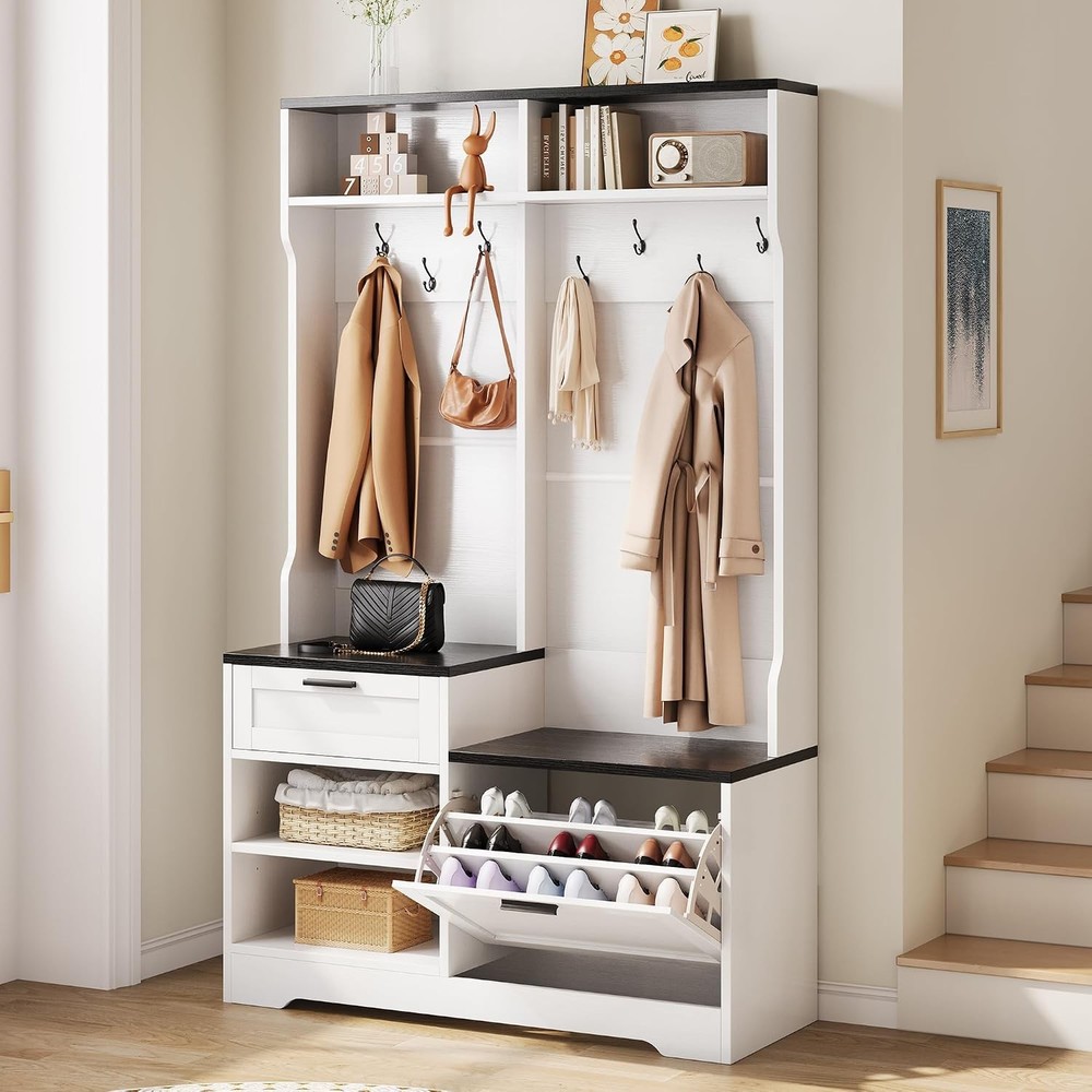 Hall Tree with Bench and Shoe Storage 6-in-1 Entryway Coat Rack with Flip