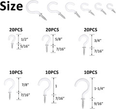 90 Pcs White Ceiling Hooks Kit 6 Sizes Vinyl Coated Screw-In Plant, Kitchen, Cup