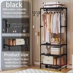1pc Heavy Duty Freestanding Clothes Rack with Wheels & Hooks