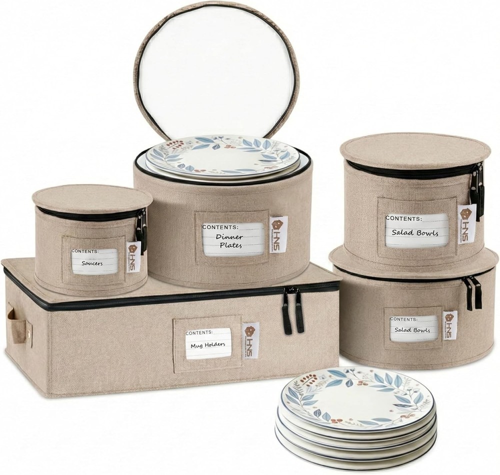 5 Pc China Storage Containers Set Dish Organizer w/ Dividers Brown