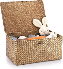Handwoven Seagrass Wicker Shelf Baskets with Lid – X-Large Storage Bins