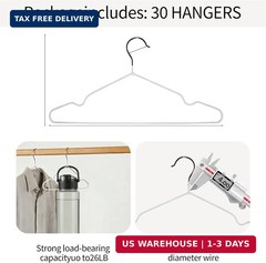 Clothes Hangers 30 Pack, 16″ Non-Slip Rubber White Metal Coat Hanger Heavy Duty