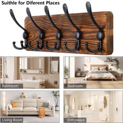 Brown Pine Wood Wall Mounted Coat Rack 5Hooks for Coats Jackets Clothes Hats Key