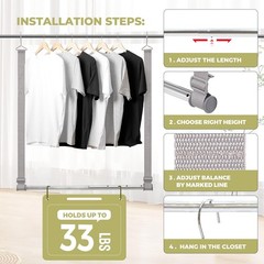 Hanging Closet Rod, 17-28In Width and Up to 32In Height Closet Extender, Double