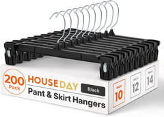 Black Pants Hangers 50 Pack, 12 Inch Skirt Hangers with Non-Slip Big Clips and 3
