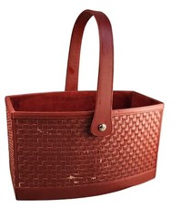 Woven Faux Leather and Wood Basket With Handle – Rectangular Design Deep Red Col