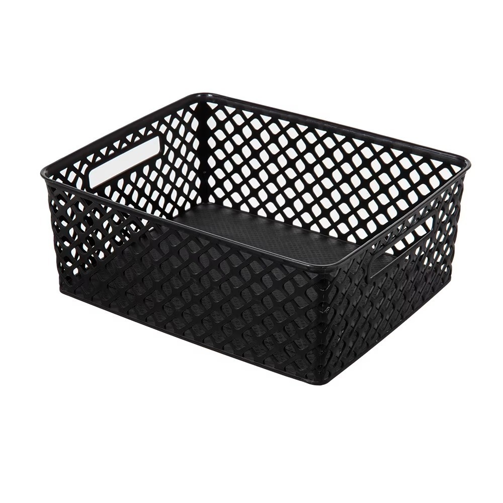 Medium Black Decorative Plastic Storage Basket, 14 in x 11.5 in x 5.3 in