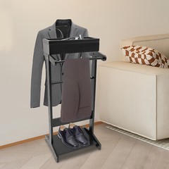 Suit Valet Stand Clothes Storage Shoe Organizer Coat Hanger Shoe Rack Black
