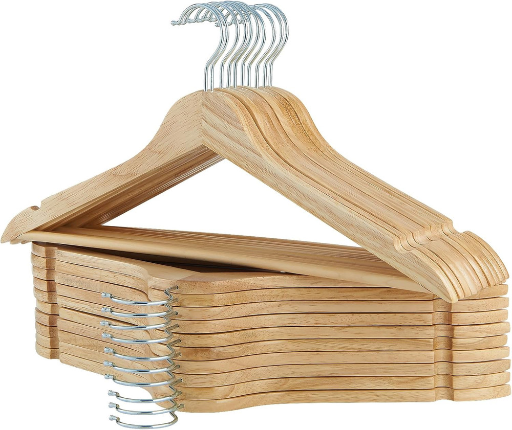 Natural Solid Wood Hangers 20 Pack with Smooth Finish and Swivel Hook