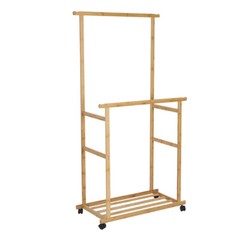 XXL Heavy Duty Bamboo Clothes Rail Garment Stand Hanging Rack with Rolling Wheel