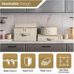 Beige Fabric Dinnerware Storage, 12 In. X 6.25 In. China Plate Container Organiz