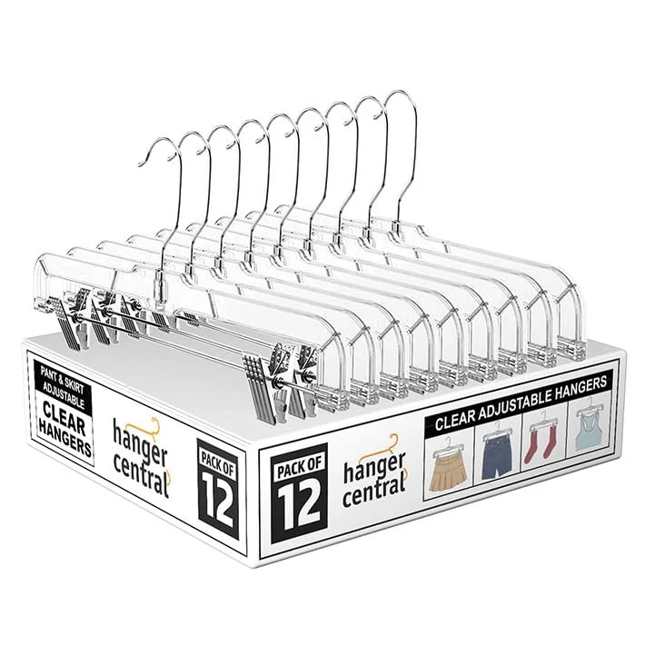 Premium 14 Inch Clear Pants Hangers with Adjustable Clips – 12 Pack Space-Sav…