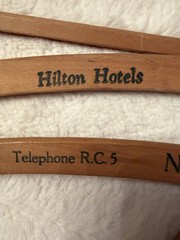 Ten Vintage Wooden Advertising Clothes Hangers, Metal Hooks, Traditional 16in
