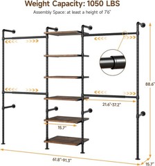 T1 Wall Mounted Closet System Industrial Pipe Clothing Rack with 6 Wooden