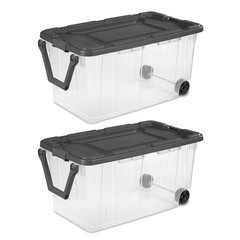 2 PCs 160 Quart Wheeled Stacker, Extra Large Durable Clear Bin,Pull Handle, Gray