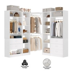 Corner Walk-in Closet Organizer System with 5 Wooden Drawers & Storage Shelves