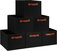 Black Fabric Storage Bins 15X11X9.5 Inch PU Leather Handle Organizer 6 Pack