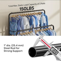 Clothing Clothes Rack Double Rods with Wheels, Rolling Metal Garment Rack for Ha