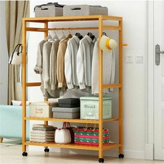 Freestanding Bamboo Clothes Rail Shelf Rolling Garment Closet Organizer Stand
